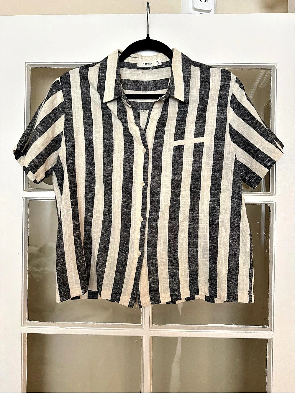 Mod Ref Short Sleeve Striped Button Down Shirt Black & White